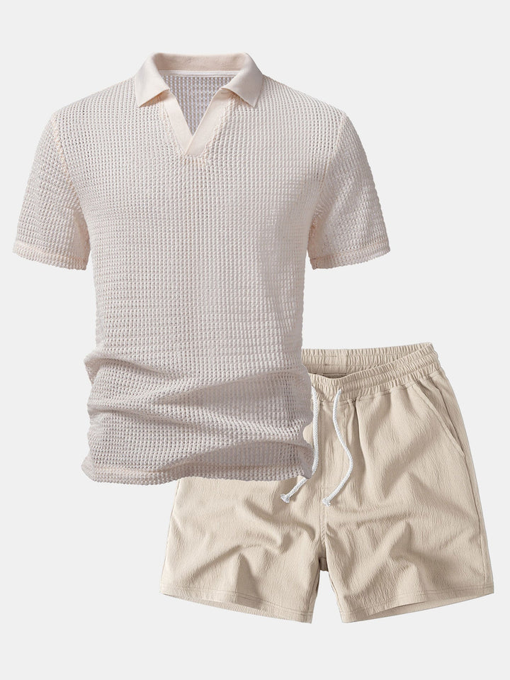 Carlos | Relax Fit Crocheted V Neck Polo & Crinkle Textured Drawstring 5" Shorts