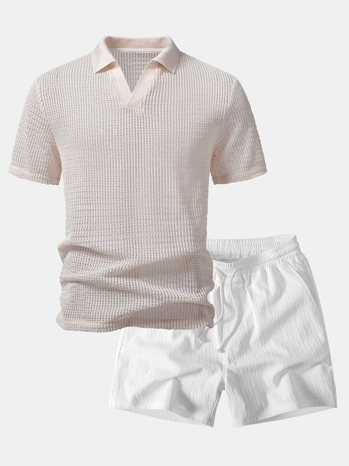 Carlos | Relax Fit Crocheted V Neck Polo & Crinkle Textured Drawstring 5" Shorts