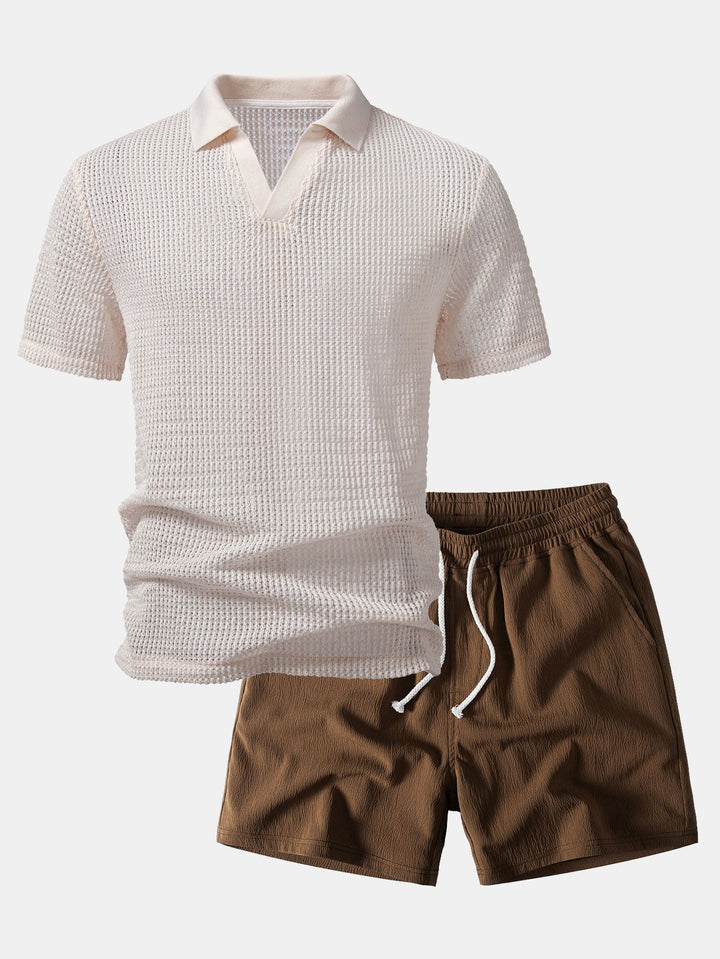 Carlos | Relax Fit Crocheted V Neck Polo & Crinkle Textured Drawstring 5" Shorts