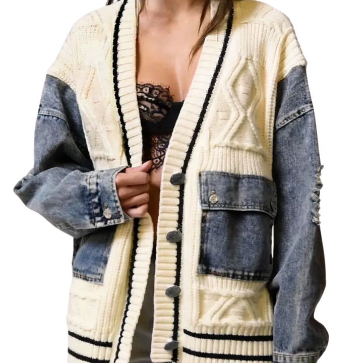 FRANCEL™ | Relaxed Denim Patchwork Knit Cardigan