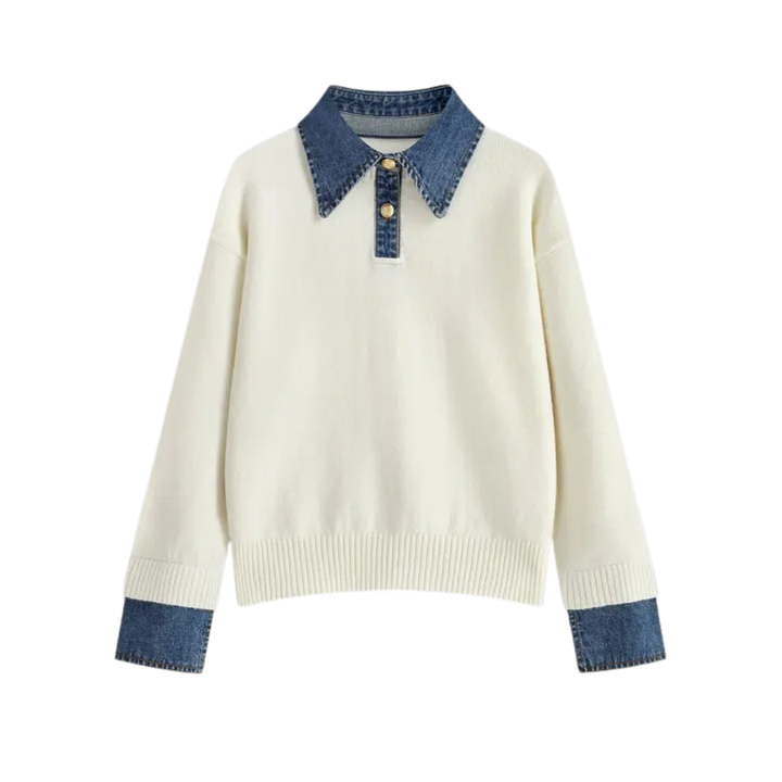 SOLVEI™ | Cozy Polo Denim Sleeve 2 in 1 Panel Lapel Sweater