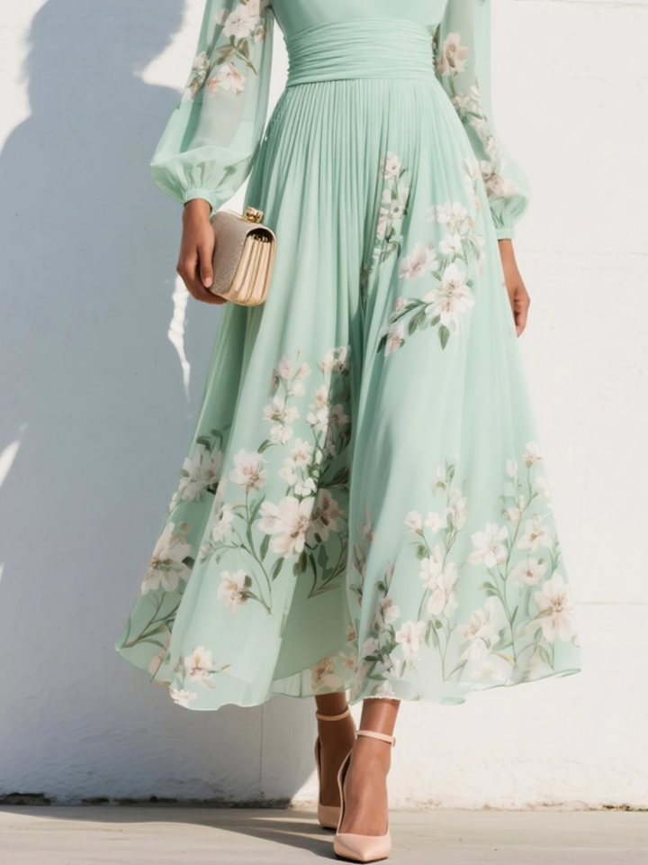 Nicola | Midi Floral Chiffon Dress with V-Neck