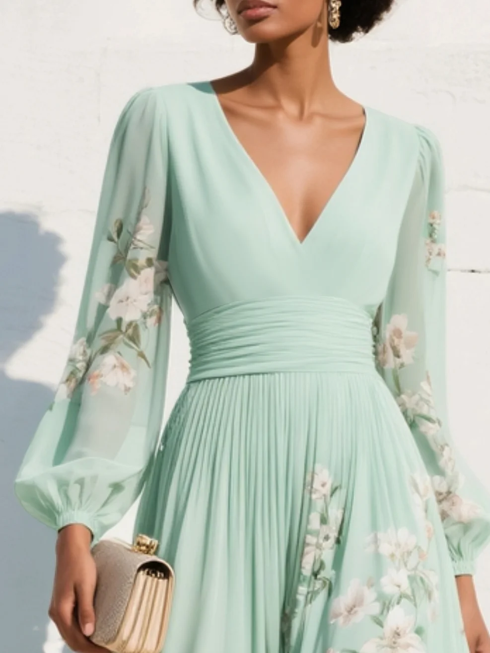 Nicola | Midi Floral Chiffon Dress with V-Neck