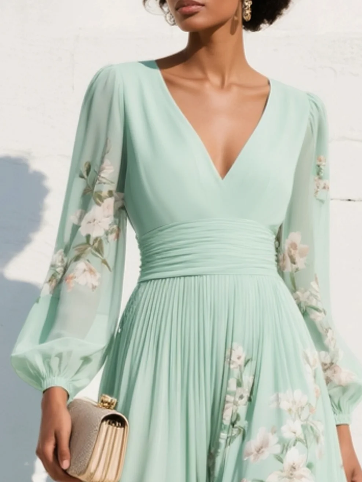 Nicola | Midi Floral Chiffon Dress with V-Neck