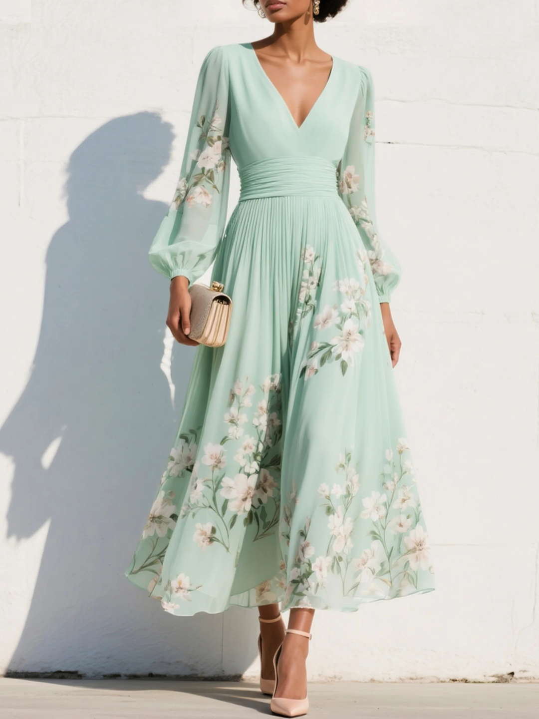 Nicola | Midi Floral Chiffon Dress with V-Neck
