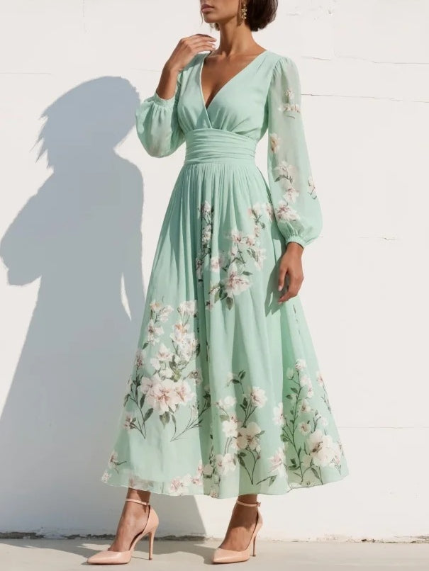 Nicola | Midi Floral Chiffon Dress with V-Neck