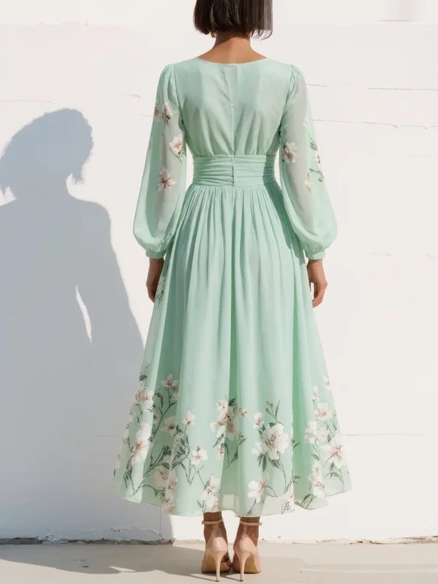 Nicola | Midi Floral Chiffon Dress with V-Neck