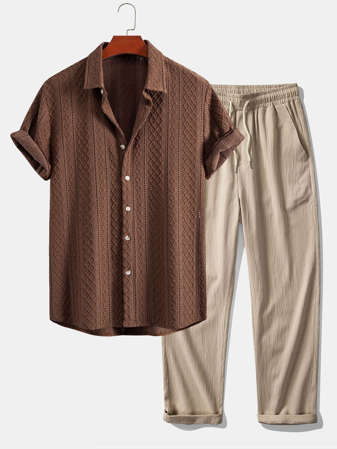 Matt | Geometry Rhombus Jacquard Button Up Shirt & Crinkle Textured Straight Leg Pants