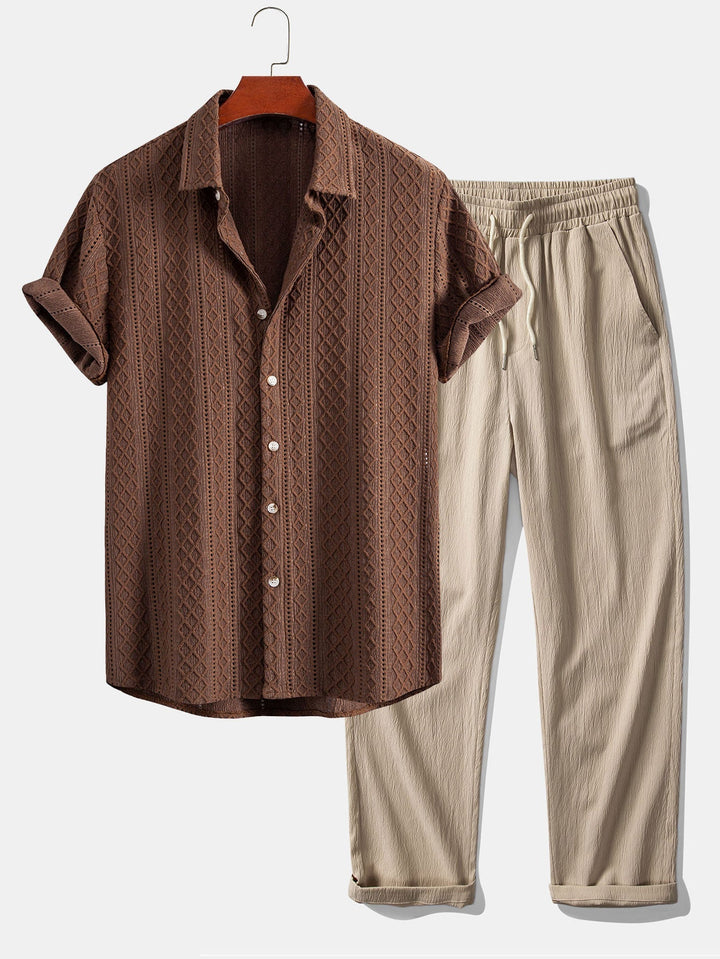 Matt | Geometry Rhombus Jacquard Button Up Shirt & Crinkle Textured Straight Leg Pants