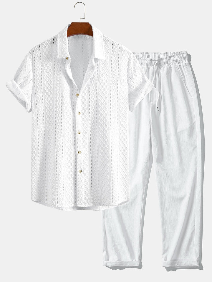 Matt | Geometry Rhombus Jacquard Button Up Shirt & Crinkle Textured Straight Leg Pants