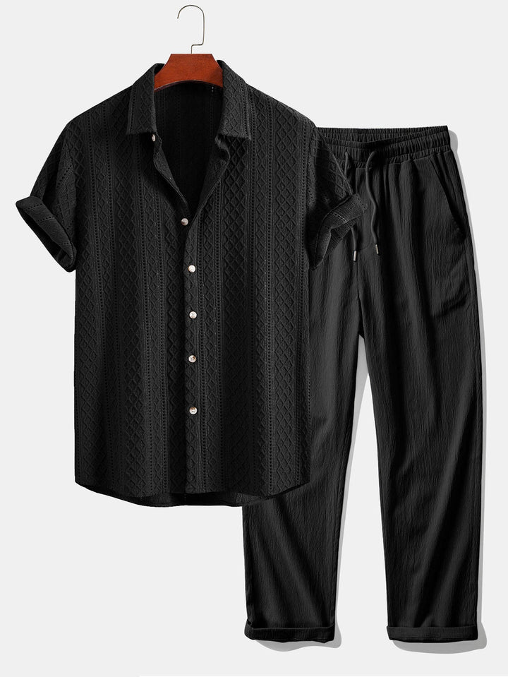 Matt | Geometry Rhombus Jacquard Button Up Shirt & Crinkle Textured Straight Leg Pants