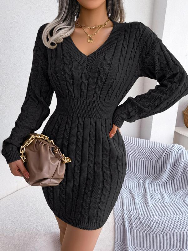 HOLLY™ | Cozy Long Sleeve V-Neck Cable Knit Sweater Dress