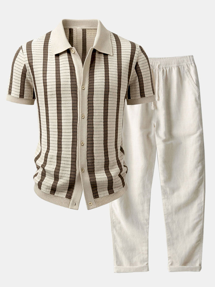 Aaron | Stripe Button Up Knit Shirt & Straight Leg Linen Pants