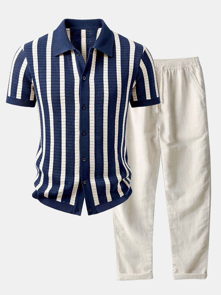Aaron | Stripe Button Up Knit Shirt & Straight Leg Linen Pants