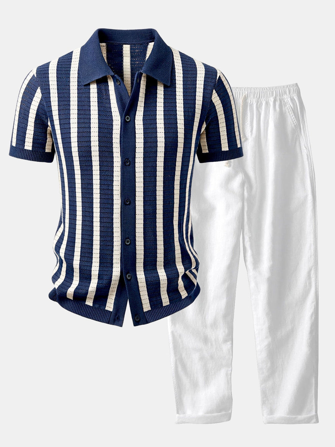 Aaron | Stripe Button Up Knit Shirt & Straight Leg Linen Pants