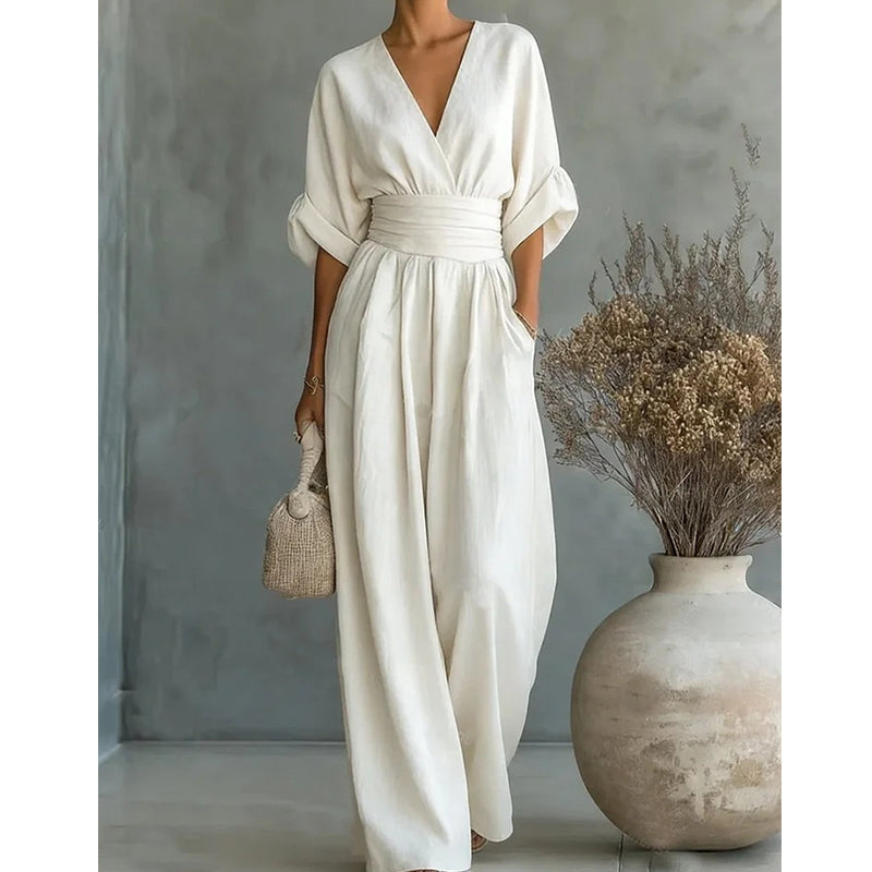 Hillary | Elegant Wide-Leg Fluid V-Neck Jumpsuit