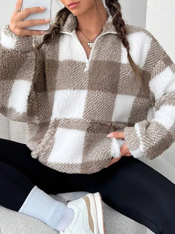 MALDA™ | Chic Plaid Print Half Zip Long Sleeve Sweater