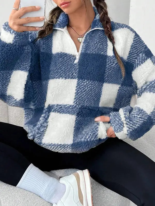 MALDA™ | Chic Plaid Print Half Zip Long Sleeve Sweater