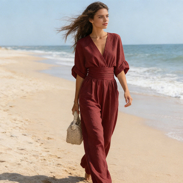 Hillary | Elegant Wide-Leg Fluid V-Neck Jumpsuit