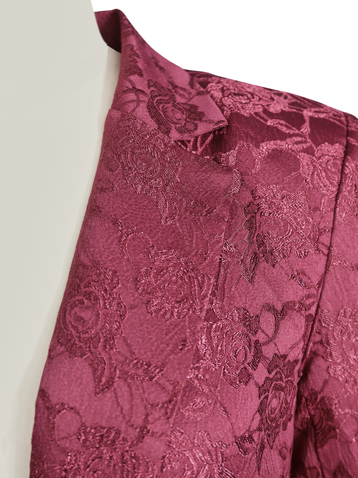 Burgundy Floral Jacquard Single-Breasted Blazer