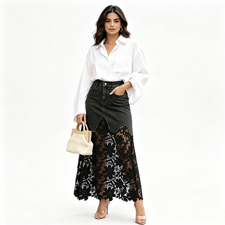 Hilda | Long Denim Skirt with Floral Lace Trim