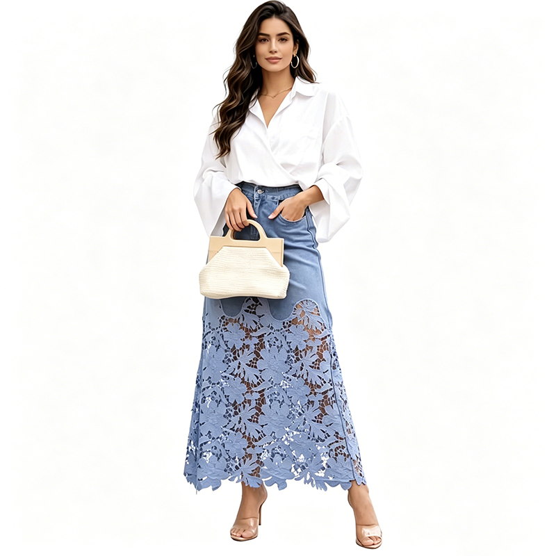 Hilda | Long Denim Skirt with Floral Lace Trim