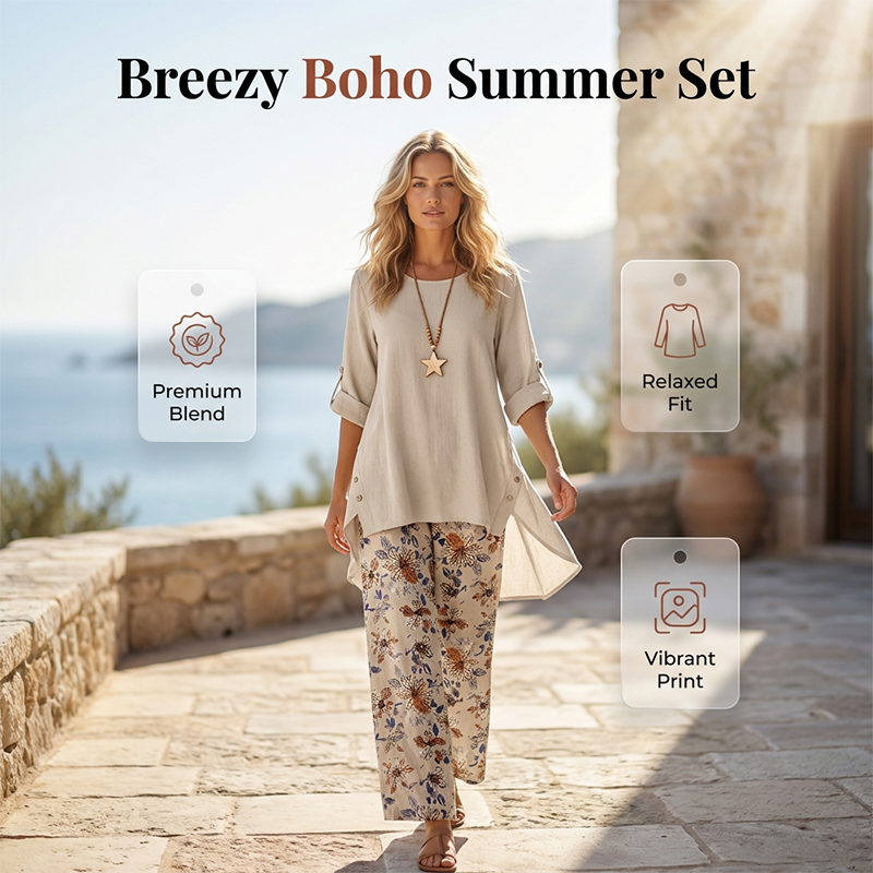 Stella | Cotton-Linen Set with Tunic and Floral Pants